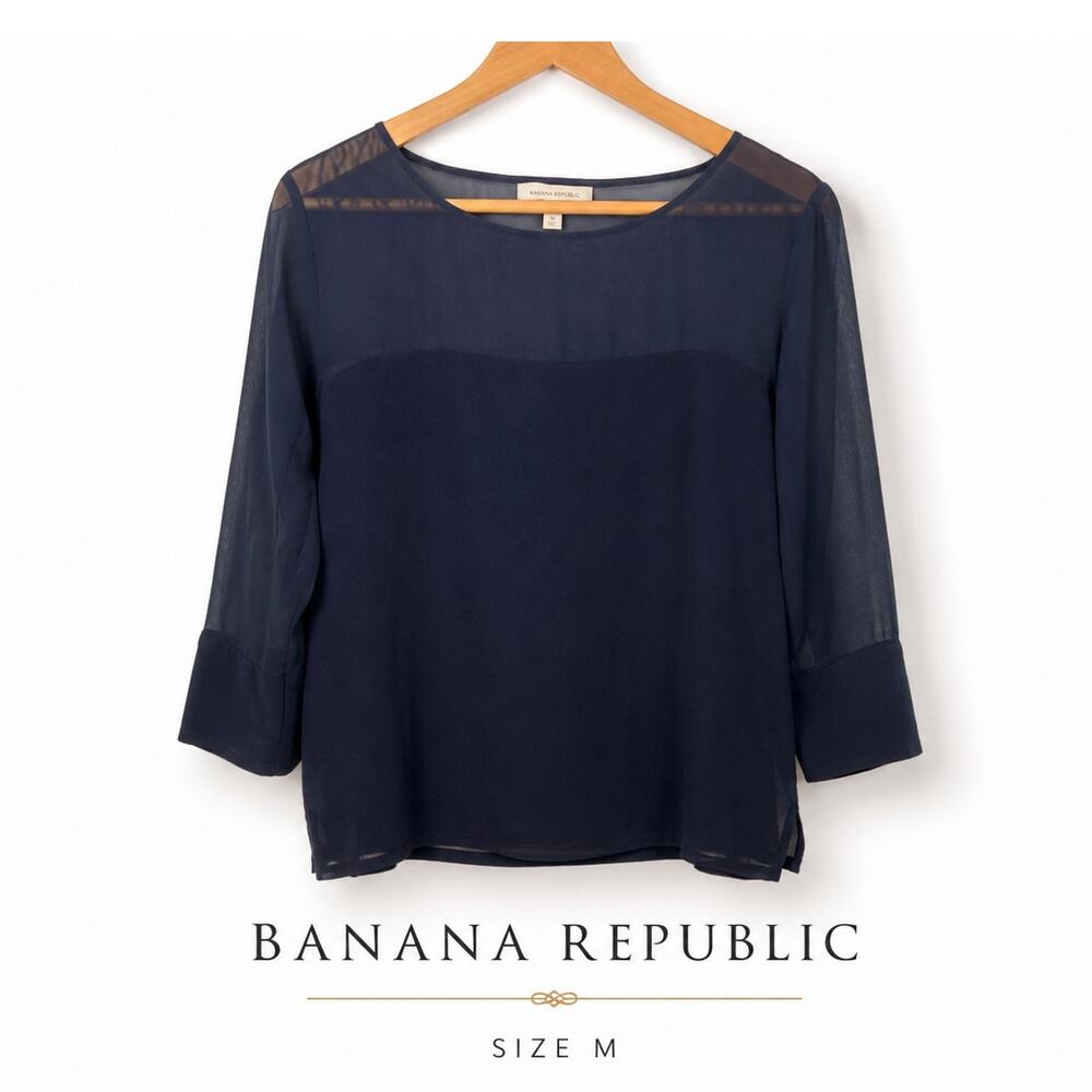 Banana Republic Navy Sheer Blouse Medium 3/4 Sleeve Career Office Top